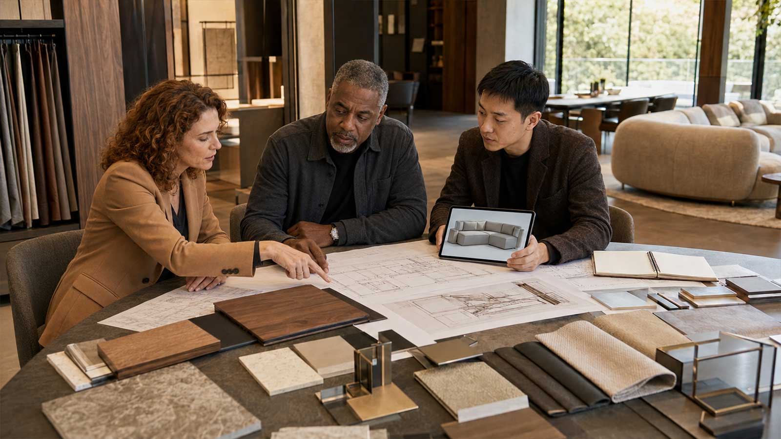 Interior designers reviewing custom furniture drawings and material samples