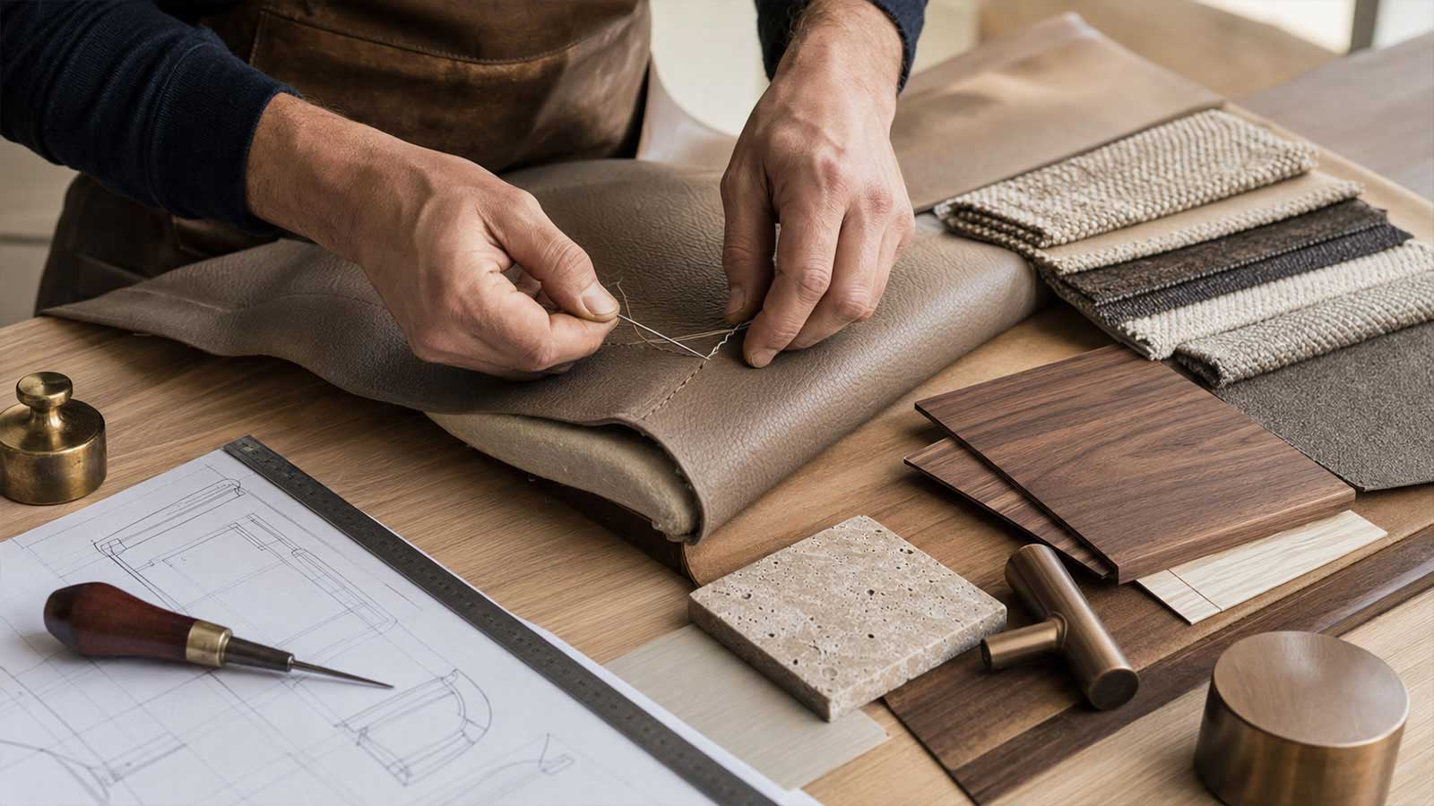 Furniture artisan hand stitching leather with custom material samples