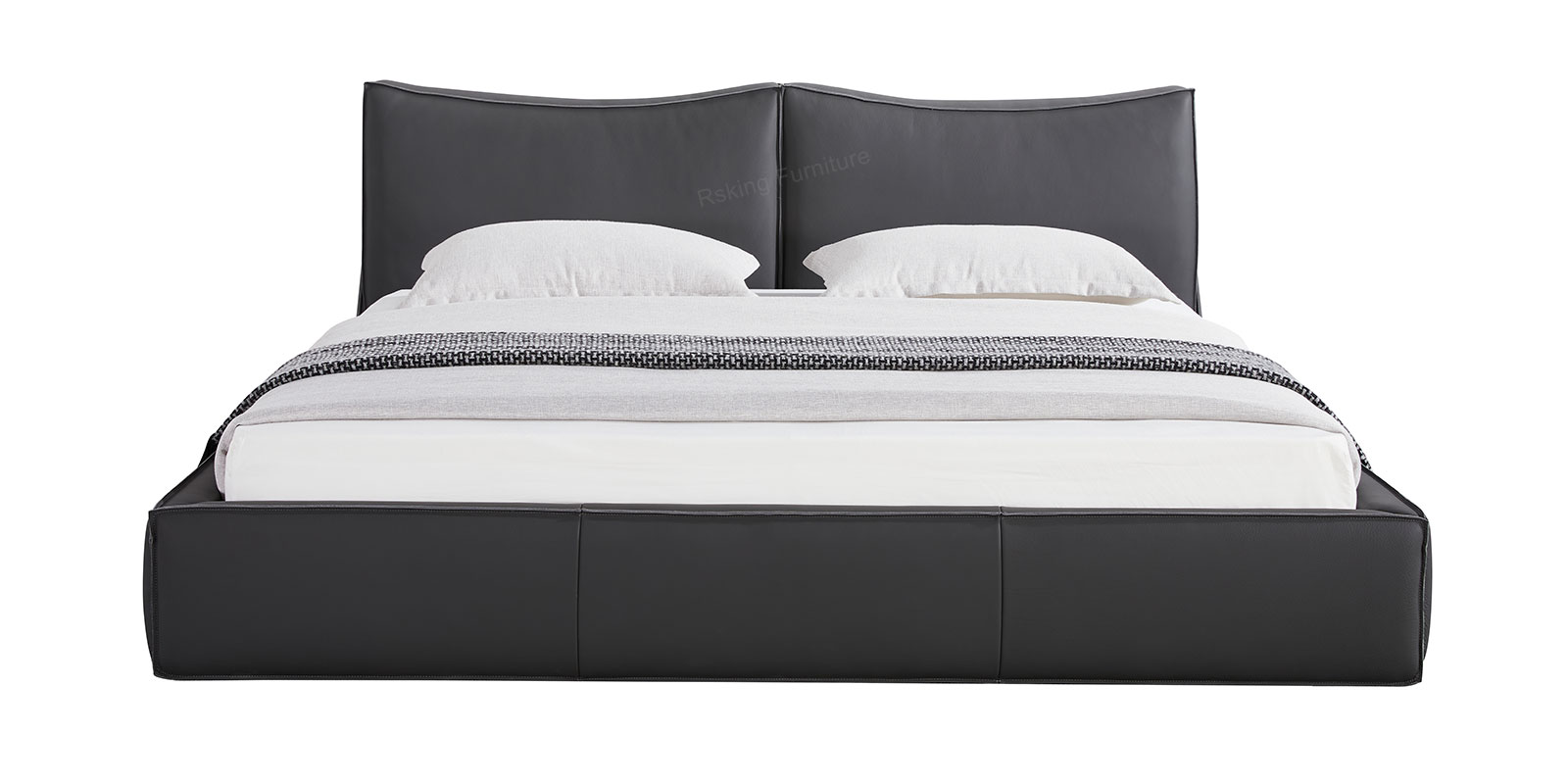 BED081 Custom Black Upholstered Bed with Dual Cushion Headboard
